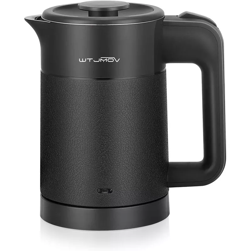 0.6L Small Electric Tea Kettle Lightweight, 20 Ounce Double Wall Hot Water Boiler Stainless Steel Auto Shut-off, 120V Portable Travel Electric Kettle Fast Boil for Tea and Coffee, Black