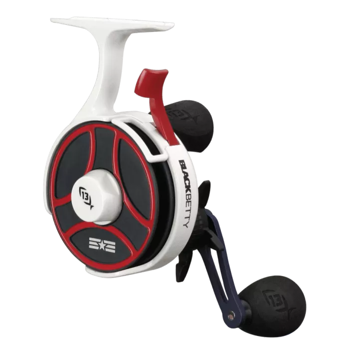 13 Fishing FreeFall Ghost Maverick - Inline Ice Fishing Reel - Red, White & Blue Color
