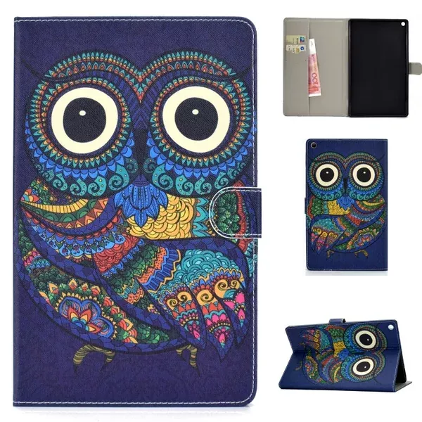 For Amazon Kindle Fire HD 10 2017 Colored Drawing Pattern Horizontal Flip PU Leather Case with Holder & Card Slot & Sleep / Wake-up Function(Owl)