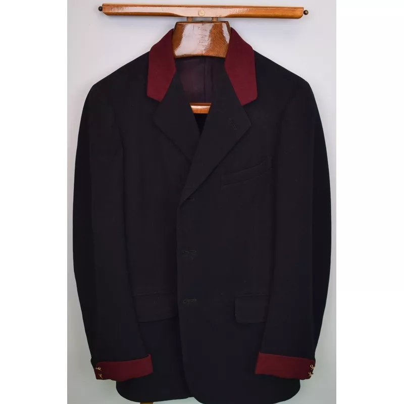 "Chipp Navy Flannel c1943 Riding/ Hunting Coat w/ Burgundy Chesterfield Collar & Contrast Cuff" Sz 38R