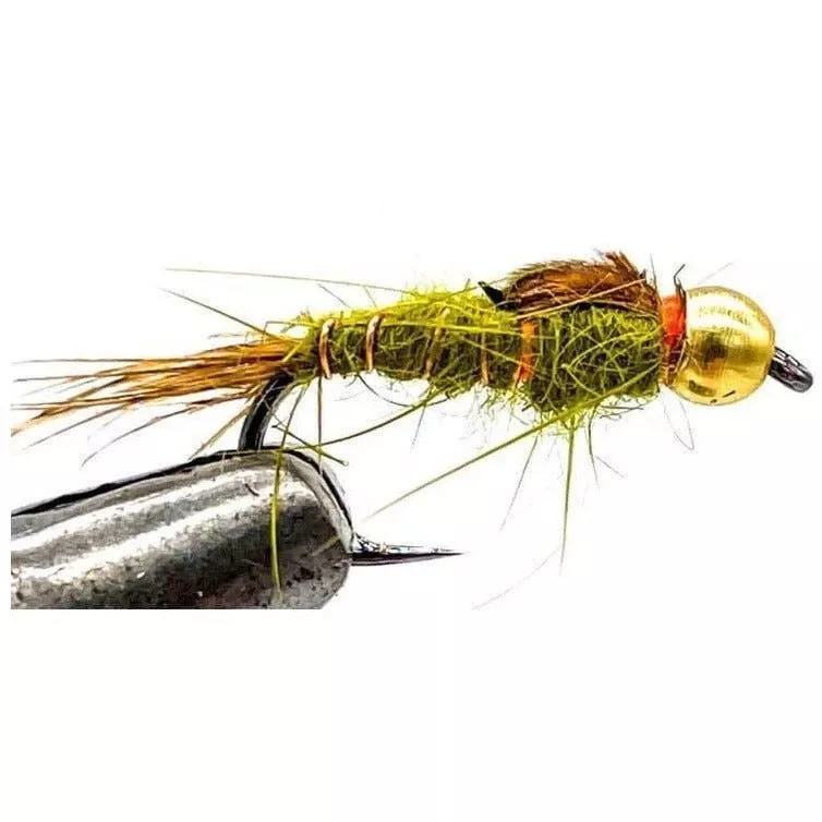 FAS Hand Tied Bead Head Pheasant Tail Nymph Barbless Olive Sz 14 Qty 6