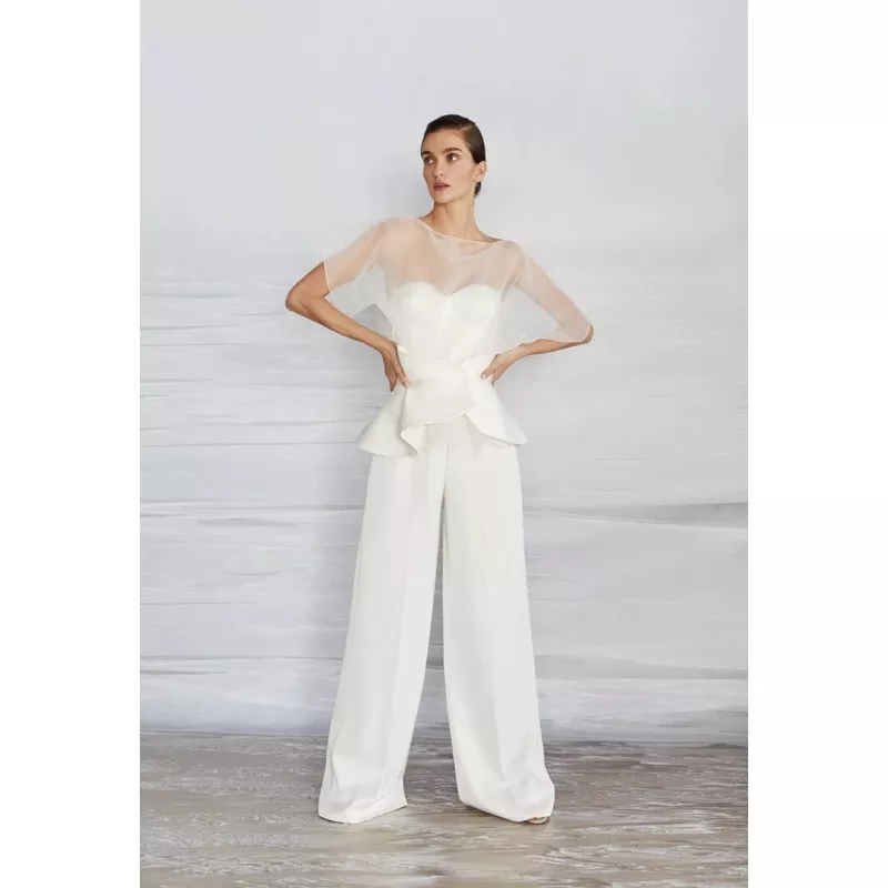 Gem Organza Peplum Bridal Pantsuit with Corset Top