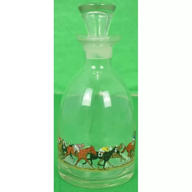 "Glass Decanter w/ 6 Hand-Painted Racehorses & Jockeys" Signed: R Kuntzsch