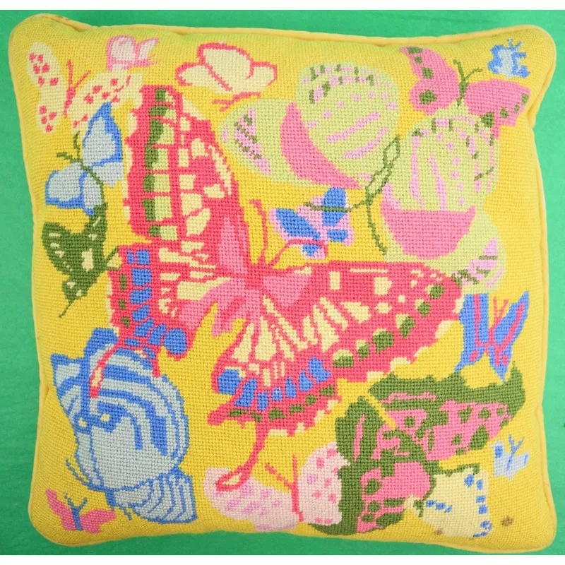 'Pink & Yellow Needlepoint "Butterfly" Pillow'